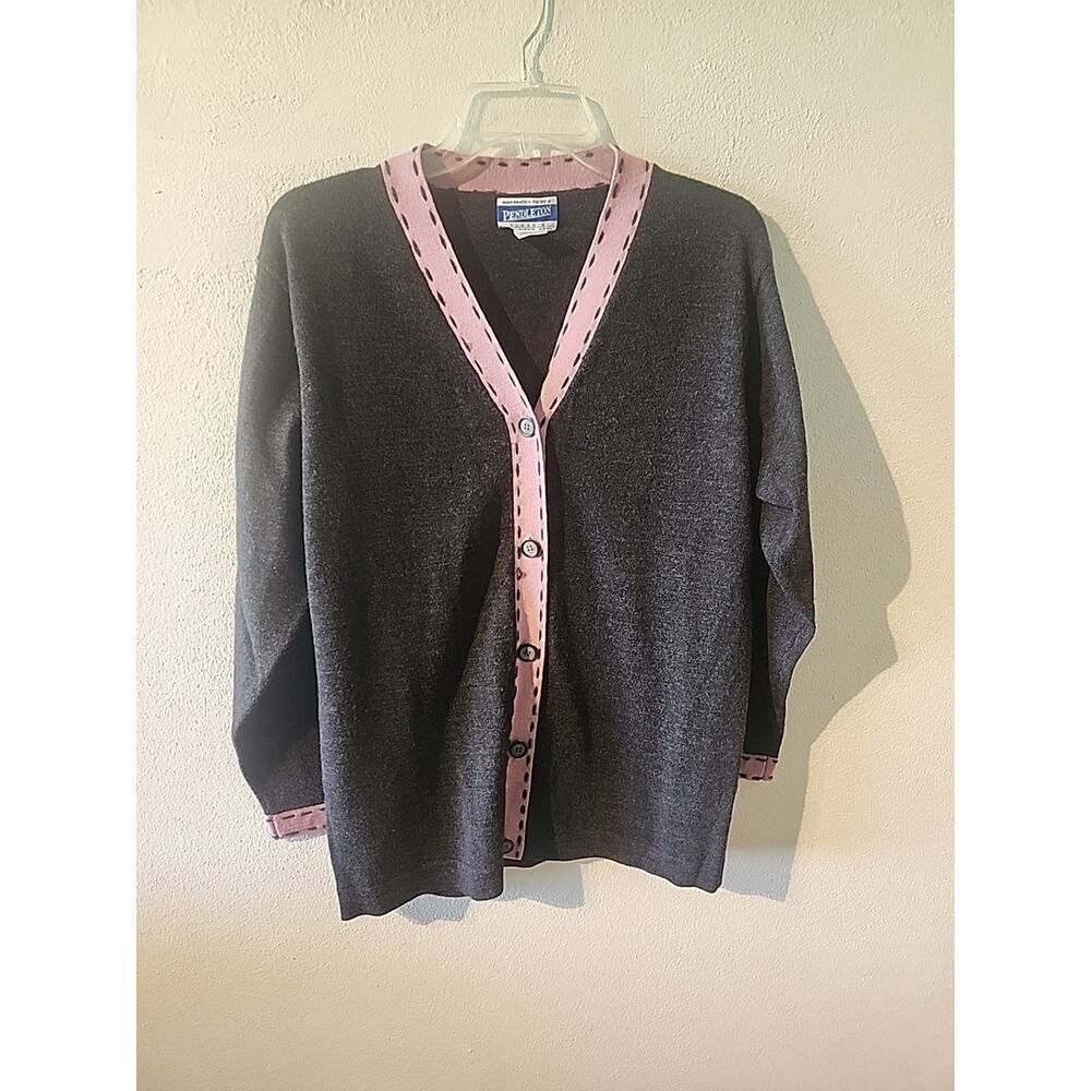 Pendleton Charcoal Gray Cardigan with Pink Trim